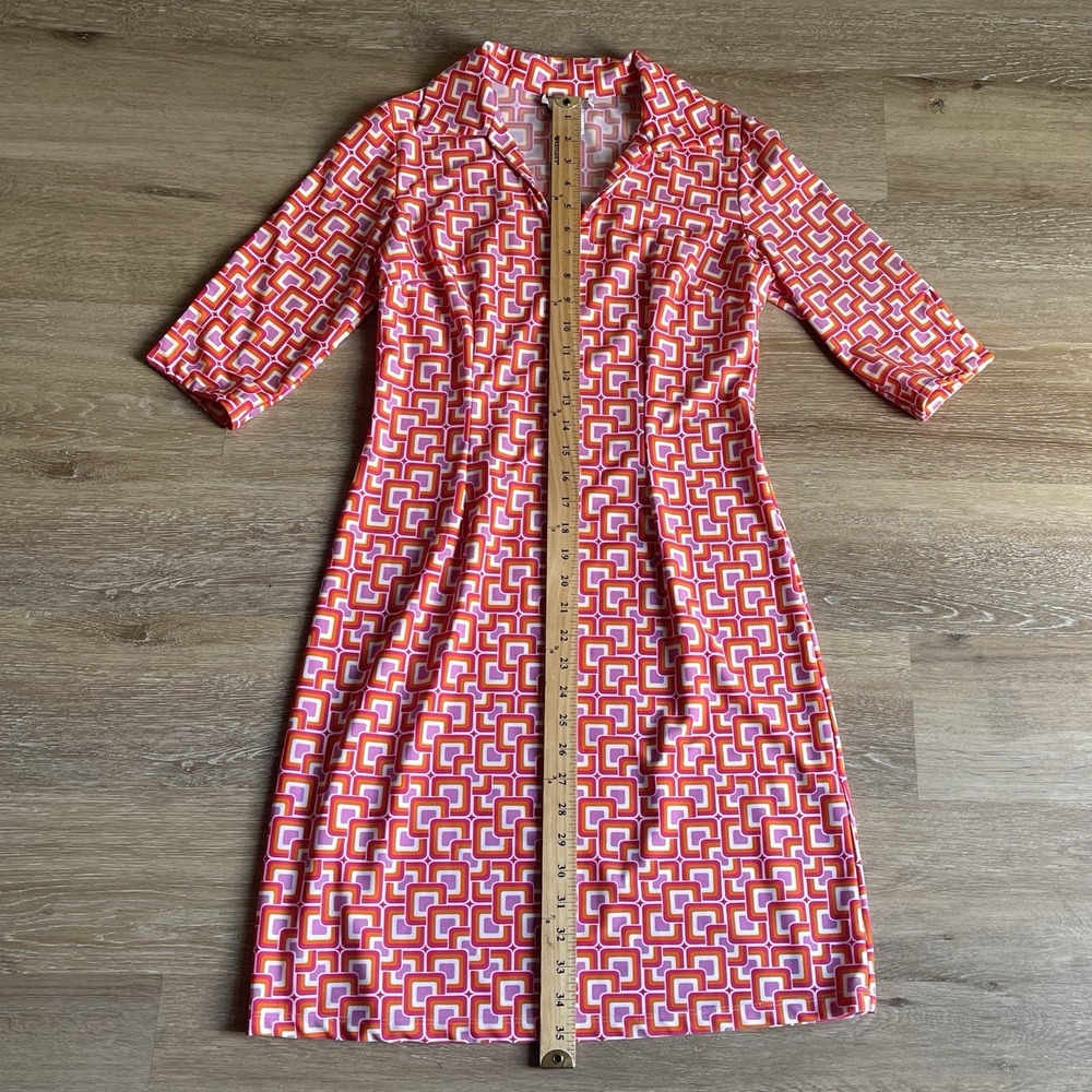 Jude Connally Geometric Print Dress Small Orange Collar V-Neck Knee Length Scuba - Picture 5 of 10